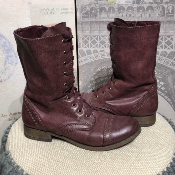Wine Colored Lace Up Combat Boots - Picture 1 of 9